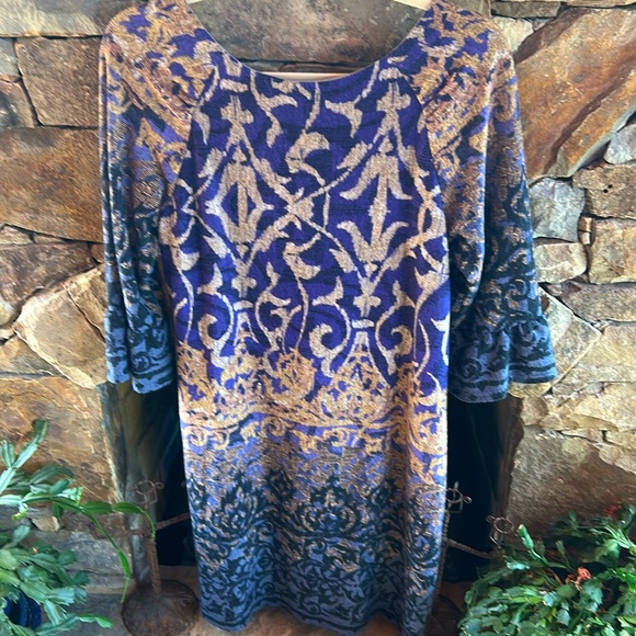 Purple, Blue & Gold Patterned Size 12 Dress; Mid Calf; Scoop Neck; 3/4 Sleeves - Picture 3 of 10